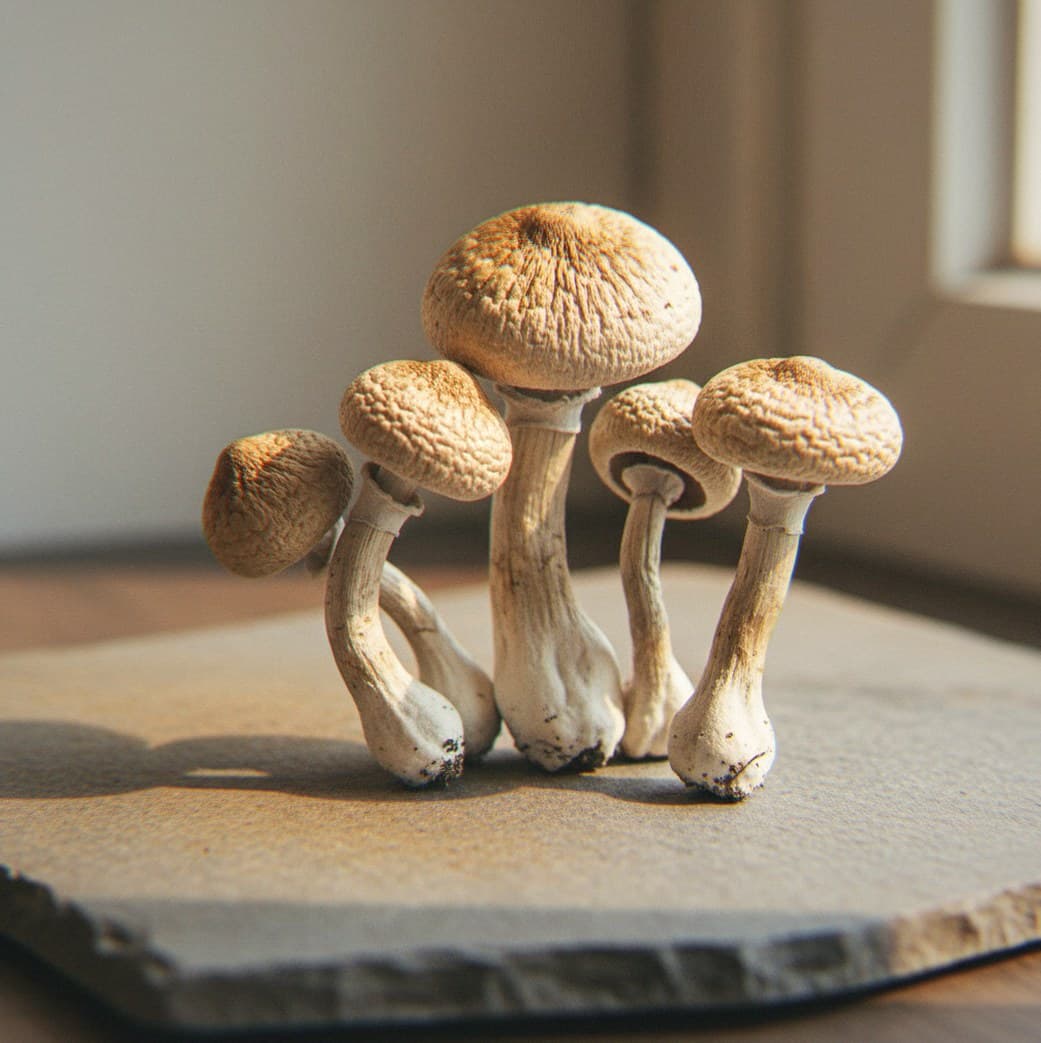 Dried Rusty Whyte psilocybin mushrooms (Psilocybe cubensis) — white stems and caps with distinctive rusty-brown spore deposits