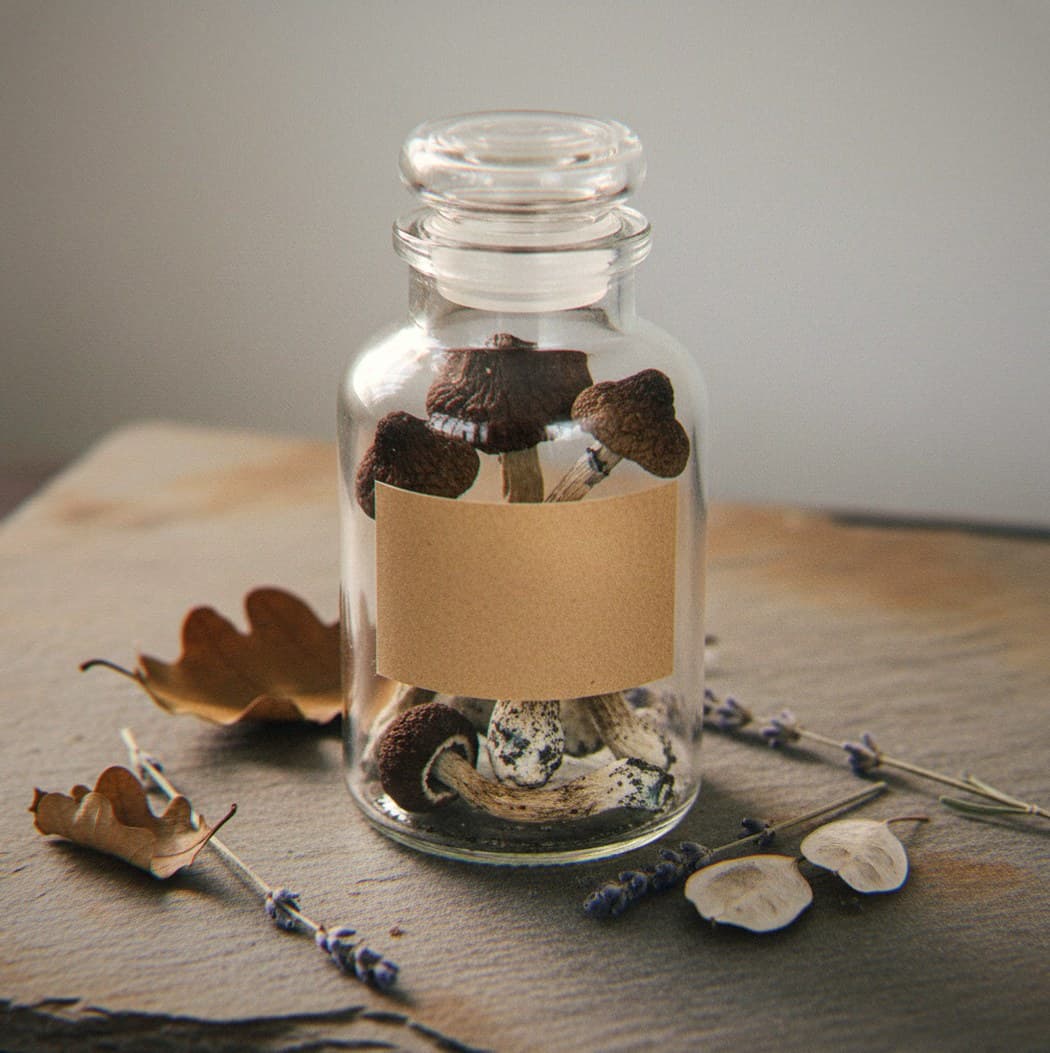 Dried South African Transkei mushrooms in an apothecary jar — MicroDose IQ strain guide