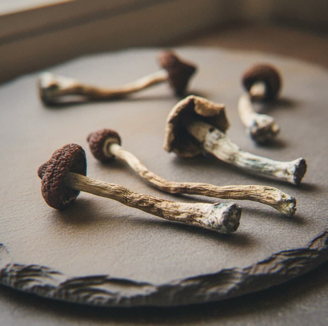 Dried South African Transkei psilocybin mushrooms (Psilocybe cubensis) — medium mushrooms with dark brown caps and sturdy stems