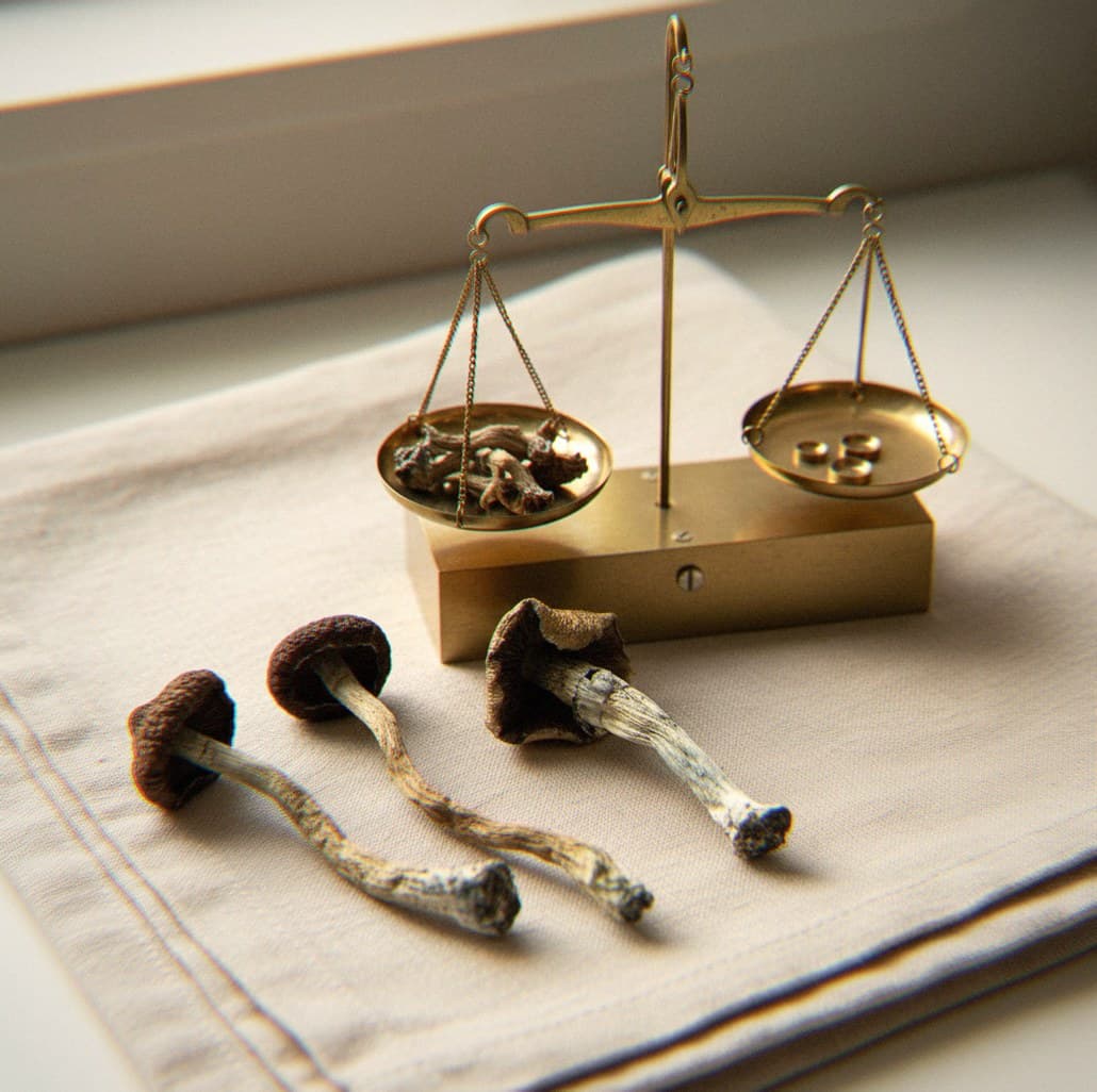 Dried South African Transkei mushrooms portioned beside an apothecary scale (Psilocybe cubensis)
