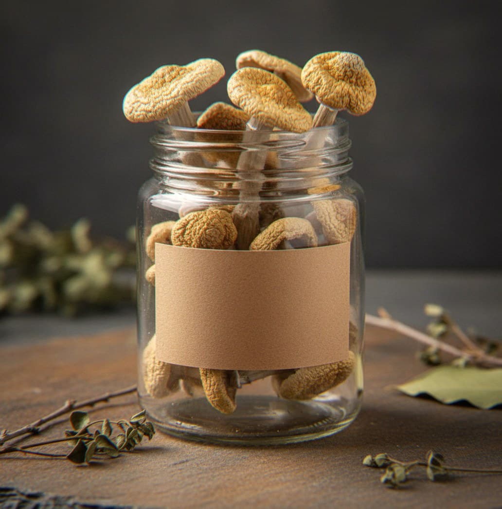 Dried Stargazer mushrooms in an apothecary jar — MicroDose IQ strain guide