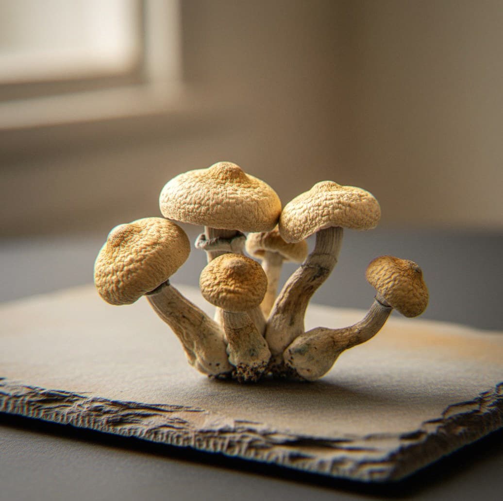 Dried Stargazer psilocybin mushrooms (Psilocybe cubensis) — distinctive upward-curving caps