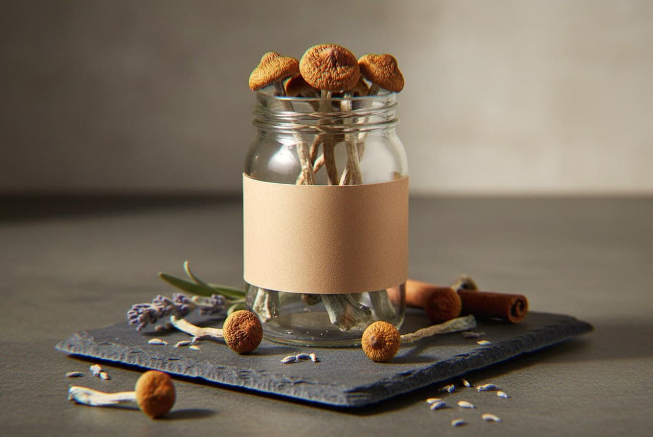 Dried Thai mushrooms in an apothecary jar — MicroDose IQ strain guide