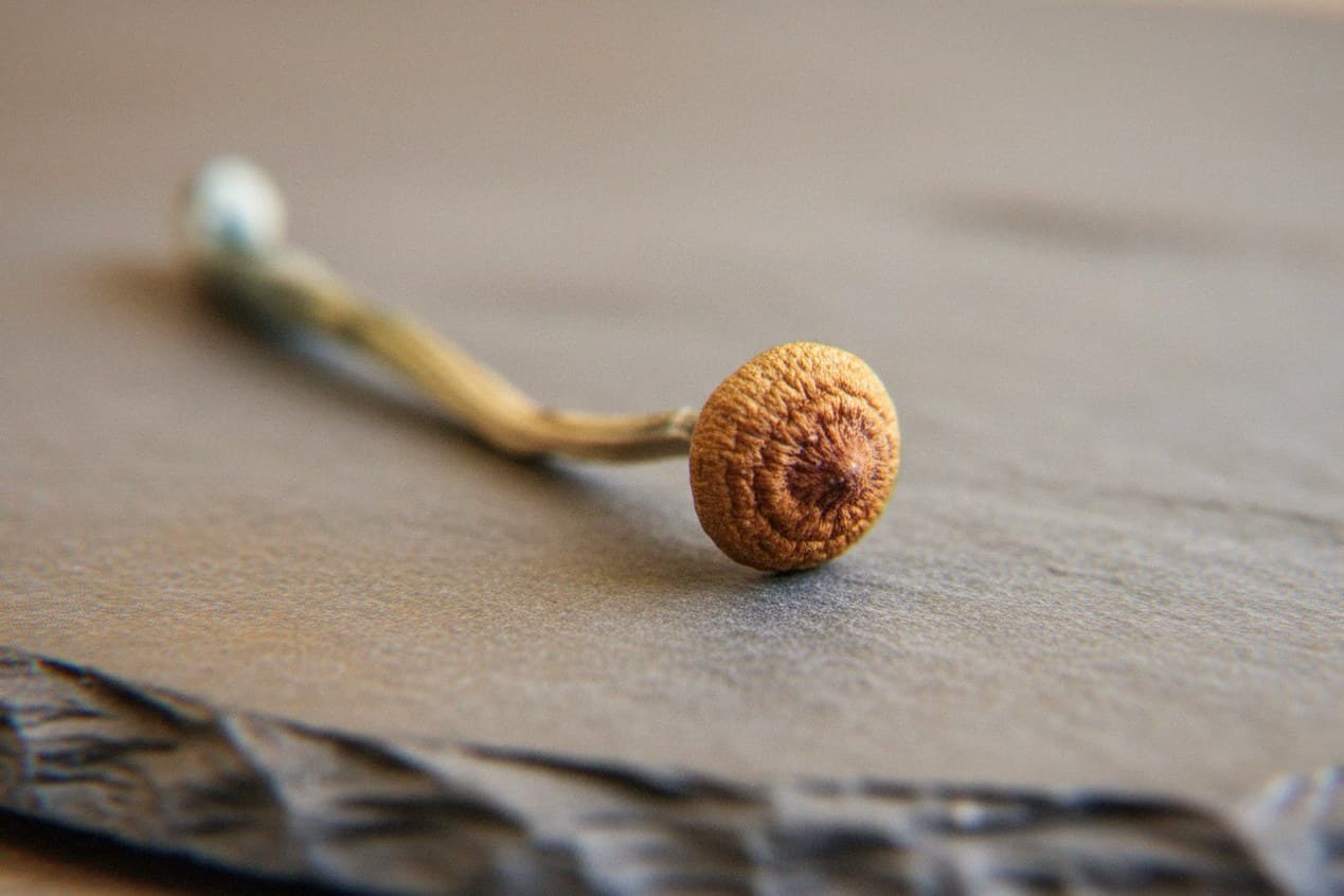 Macro close-up of a dried Thai mushroom cap and stem (Psilocybe cubensis)