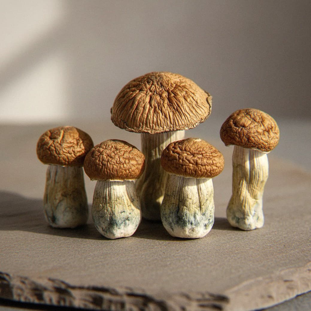 Dried Tidal Wave psilocybin mushrooms (Psilocybe cubensis) — wavy