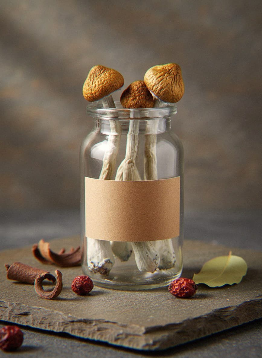 Dried Wollongong mushrooms in an apothecary jar — MicroDose IQ strain guide