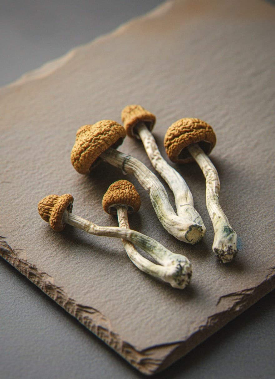 Dried Wollongong psilocybin mushrooms (Psilocybe cubensis) — medium-sized with golden-brown caps