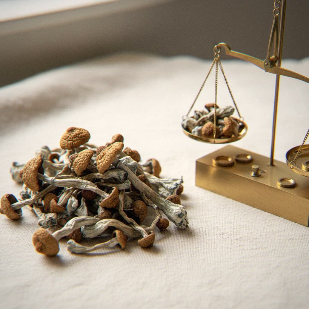 Dried Z-Strain mushrooms portioned beside an apothecary scale (Psilocybe cubensis)